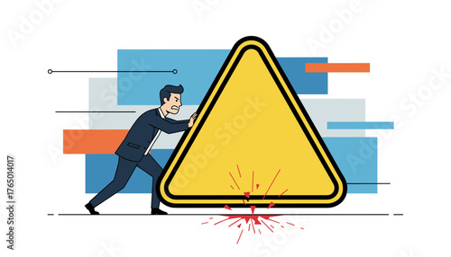 Determined businessman in a suit pushing a large yellow triangular warning sign, symbolizing overcoming challenges, facing risks, or delivering an important message with urgency and effort, against a