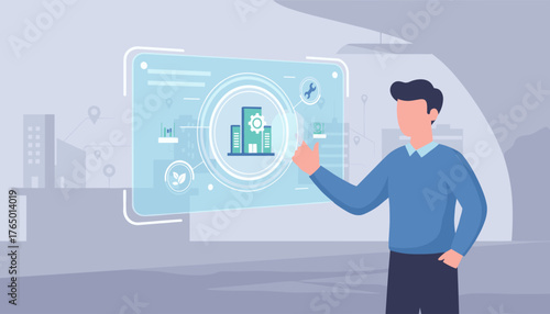 Man Interacting with Futuristic Holographic Interface Displaying Building Management System with Icons for Sustainability, Analytics, and Maintenance, Representing Smart City Technology and Resource