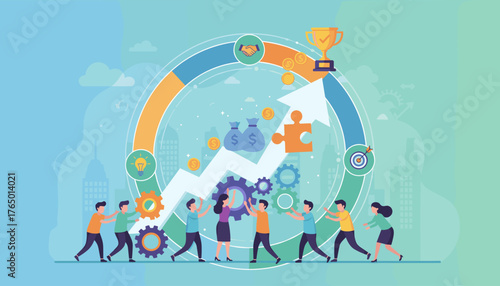 Vibrant illustration depicting a business development plan with teamwork and growth, featuring a circular progress bar, gears, money bags, a lightbulb, a target, a handshake, a puzzle piece, and a