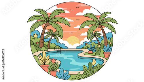 Vibrant illustration of a tropical swimming pool scene at sunset, featuring lush palm trees, colorful potted plants, and a serene body of water, evoking a sense of vacation and relaxation in a