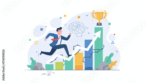 Dynamic illustration of a businessman in a suit running up a vibrant, ascending bar graph, symbolizing career growth and overcoming challenges to achieve success, with a golden trophy at the peak and