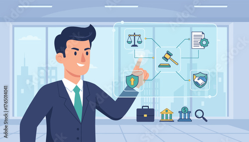 Business legal advice concept with a man in a suit interacting with a futuristic interface displaying icons of justice, law, contracts, and security, symbolizing legal services and corporate law in a