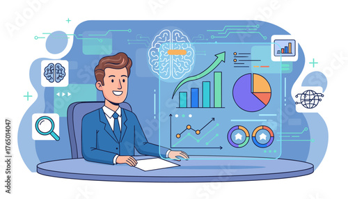 Modern businessman in a suit analyzing a futuristic holographic dashboard displaying key performance indicators, charts, graphs, and data visualizations, symbolizing business intelligence and