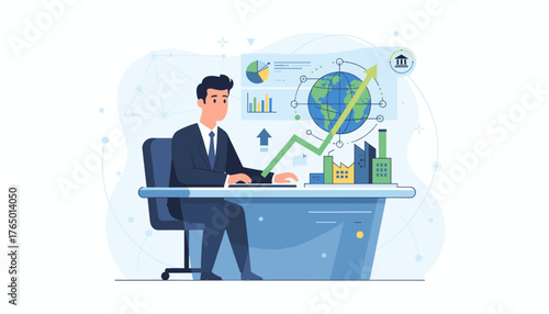 Dynamic illustration of a businessman in a suit analyzing global financial investment strategies, with charts, graphs, and a rising arrow indicating growth and economic progress, set against a