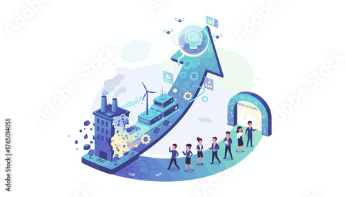 Conceptual illustration of business transformation and change management, depicting a transition from an old, polluting industrial era to a new, sustainable, and technologically advanced future