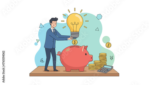 Business man in a blue suit holds a glowing lightbulb with a dollar coin above a red piggy bank, symbolizing investment in new ideas and financial growth, surrounded by stacks of coins, a calculator