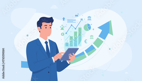Modern businessman in a blue suit holding a tablet, analyzing financial charts and graphs with an upward trending arrow, symbolizing business growth and economic success, presented in a clean, flat