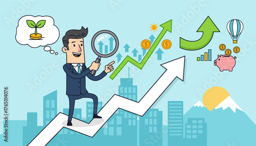 Businessman analyzing financial growth charts with magnifying glass, symbolizing investment strategy and positive economic development, with piggy bank, rising arrows, and cityscape in background