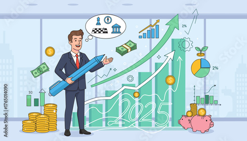 Dynamic illustration of a businessman in a suit holding a giant pen, planning for 2025 with rising financial charts, stacks of coins, piggy banks, and money, symbolizing growth and investment