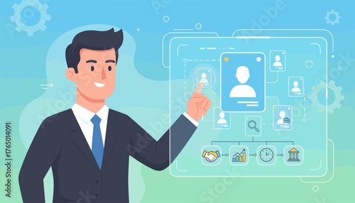 A smiling businessman in a dark suit and blue tie points to a digital interface displaying a flowchart of candidate profiles, magnifying glass, handshake, bar chart, clock, and building icons