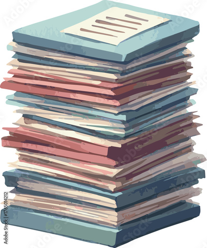 Vector watercolor painted illustration of a stack of papers and books