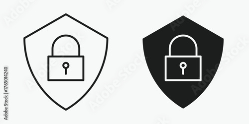 Minimal data security shield icon in outline and solid style on gray background. Perfect for privacy, network protection, and system safety concepts.