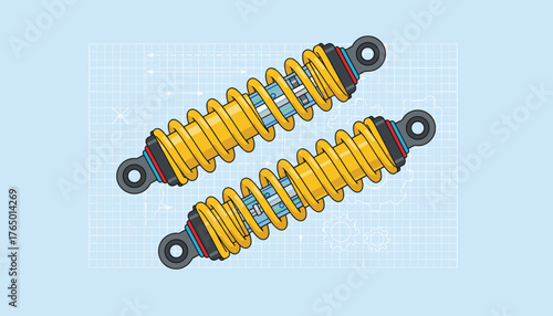 Detailed illustration of two vibrant yellow motorcycle shock absorbers with visible internal components, presented against a blueprint grid background with subtle gear graphics, emphasizing precision