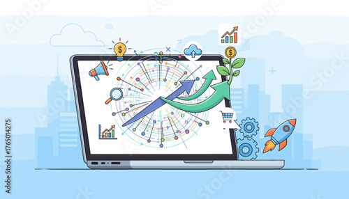 Digital marketing strategy presentation on a laptop screen showing growth charts, upward arrows, lightbulb idea, megaphone, magnifying glass, cloud upload, shopping cart, gears, and rocket launch