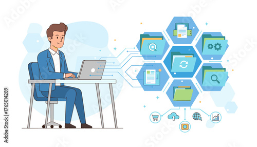 Modern businessman in a blue suit working on a laptop, connected to a digital network of hexagonal folders representing a document management system, illustrating data organization, cloud storage