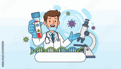 A cheerful cartoon doctor wearing a mask and gloves holds a blood sample tube with a biohazard symbol, standing next to a microscope and surrounded by stylized coronavirus particles and DNA strands