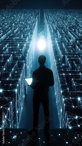 A lone figure stands before a vast, glowing data center maze, representing the complexity of information technology.