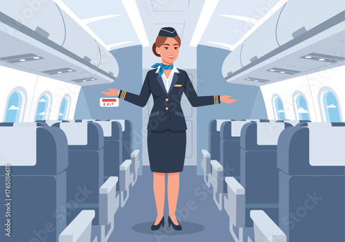 A cheerful cartoon character of a woman in an airline uniform, standing with open palms as if greeting or explaining, inside a typical airplane cabin