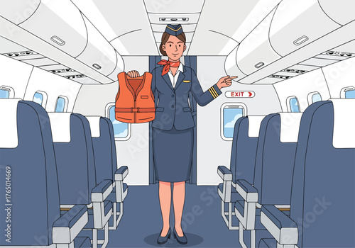 A vibrant cartoon drawing showing a poised flight attendant in her uniform, presenting the cabin environment