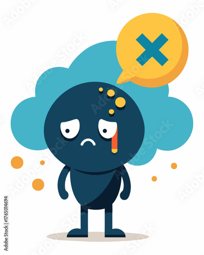 A character with a thought bubble full of past mistakes and regrets.. Vector illustration