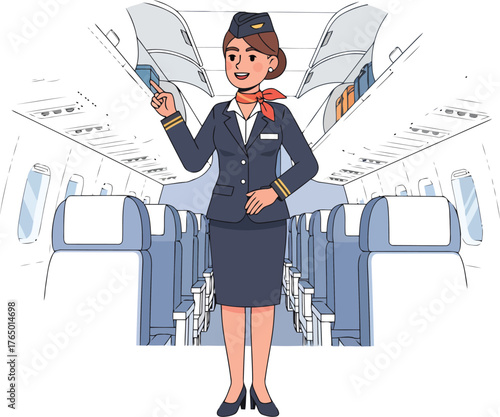 A friendly cartoon illustration of a female cabin crew member in a navy blue uniform and a scarf
