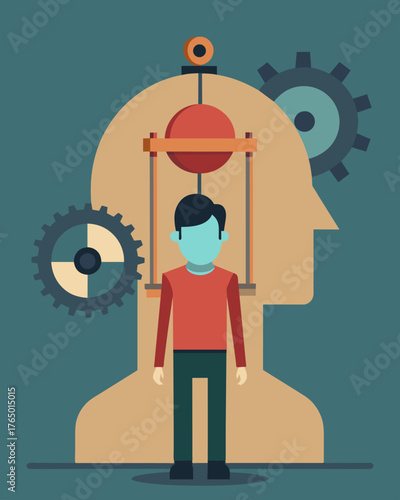 A figure with a glazed look in their eyes stands in front of a large mechanical apparatus their head locked in place as it manipulates their thoughts.. Vector illustration