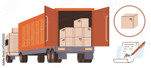 Freight truck unloading boxes, a magnified package depiction, and signed shipping paperwork. Ideal for logistics, transportation, delivery service, e-commerce, supply chain, warehousing global
