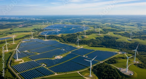 Aerial view of a large solar farm and wind turbines generating renewable energy on a vast landscape.
