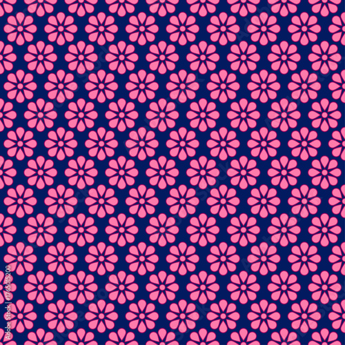 Seamless Pink Flower Pattern on Dark Blue
