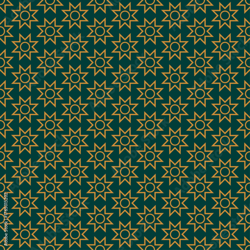 Seamless Golden Eight-Pointed Star Pattern on Dark Teal Background