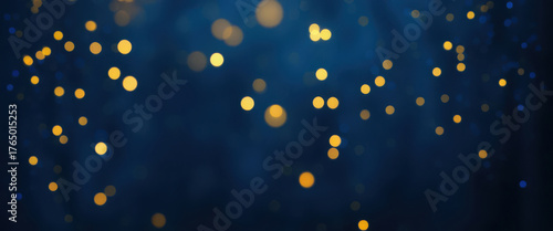 Soft, out-of-focus golden orbs float across a dark blue background, creating a dreamy, festive mood. Ideal for celebrations, events, and holiday themes.