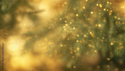 A soft, golden bokeh scene with evergreen branches and twinkling lights, evoking warm holiday atmosphere. Perfect background for Christmas, winter, and seasonal campaigns.