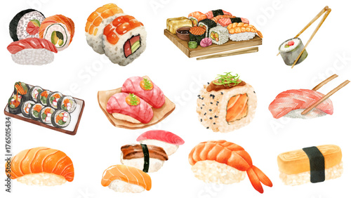 Collection of delicious and colorful sushi and sashimi dishes, artfully arranged for a delightful culinary experience