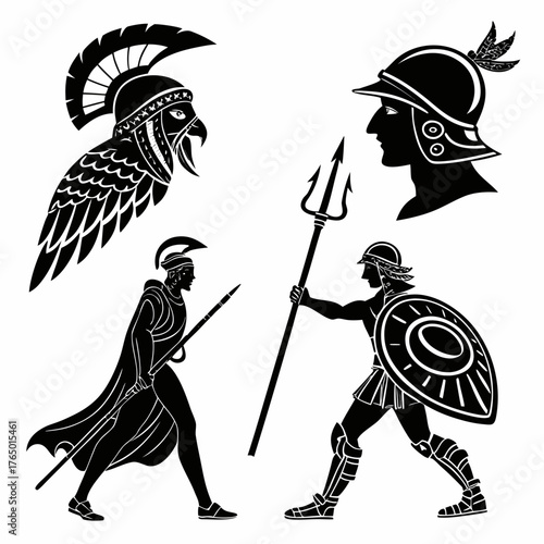 Ancient greek warriors and gods in black color
