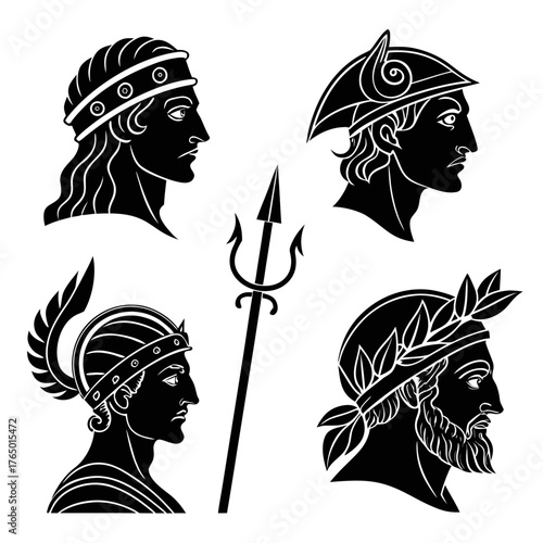 Ancient greek gods and warriors in black color