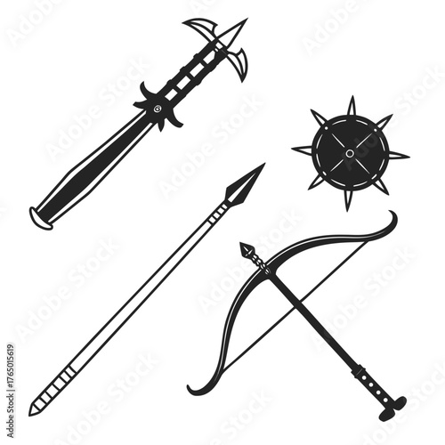 Medieval weapons set, including spear and crossbow