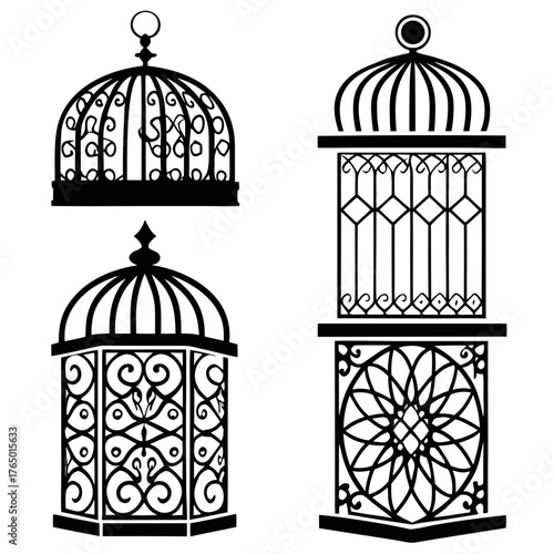 Collection of ornate birdcages in black silhouette