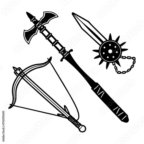 Medieval weapon collection in black silhouette style