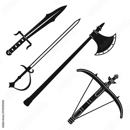 Collection of medieval weapons, sword, axe, crossbow