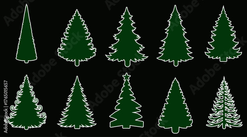Set of various Christmas trees with white outlines and dark green fill on a black background symbolizing the holiday season and decorations for print and web design