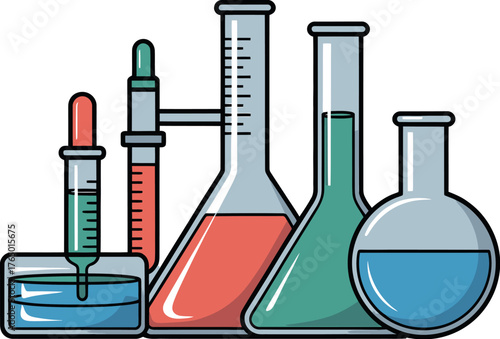 Chemistry lab equipment vector illustration, science beakers and flasks for experiments
