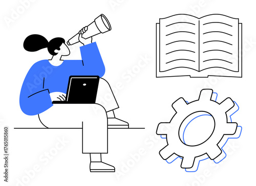 Woman holding telescope seated with a laptop, open book, and gear. Ideal for exploration, learning, innovation, research, planning technology teamwork. Simple flat metaphor