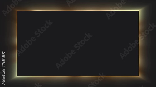 Dark gray background with a rectangular golden glowing frame, there is an empty space in the middle.