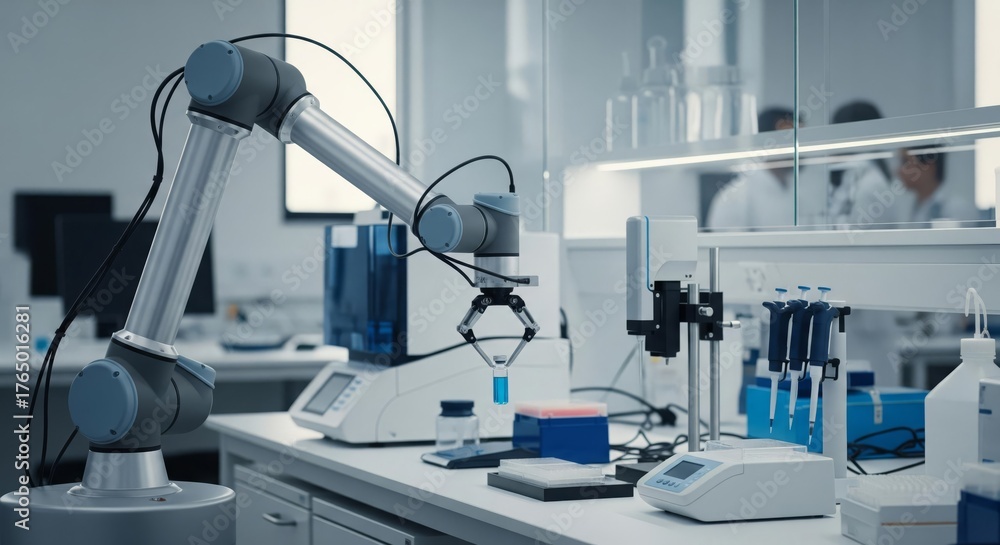 Fototapeta premium A robotic arm is positioned over laboratory equipment on a white countertop, with scientists working in the background.