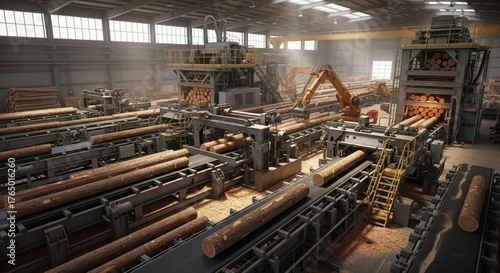 Interior view of a lumber mill with logs moving along conveyor belts and machinery processing the wood.