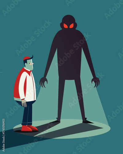 A chilling figure with their shadow extending far beyond their physical form symbolizing the reach of a shadow bullys influence.. Vector illustration