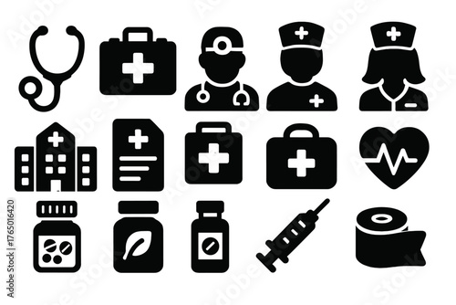 Healthcare Icon Set. Solid style icons of Health: stethoscope, medical kit, doctor avatar, nurse avatar, hospital building, health