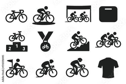 Cycling Icons Collection. Solid style icons of sports and competitive cycling: race bike icon, cyclist on track, sprint finish