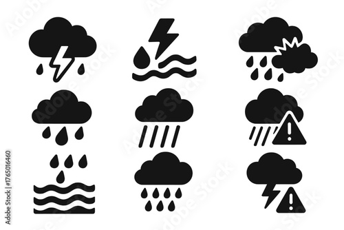 Storm Icon Collection. Solid style icons of storms and downpours: thunderstorm with rain, lightning and water icon, storm cloud