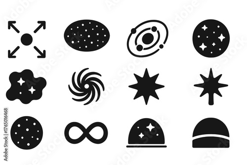 Cosmic Icons Collection. Solid style icons of Universe: expanding universe, cosmic background, planets in orbit, starry sphere,